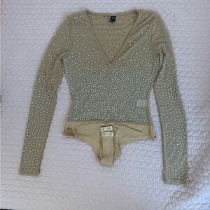Windsor Beige Long-Sleeve Rhinestone V-Neck Bodysuit